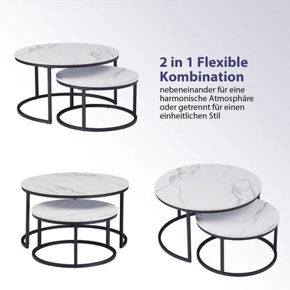 Tables Basses Rondes Nordiques - Ensemble 2 en 1 avec Finition Effet Marbre